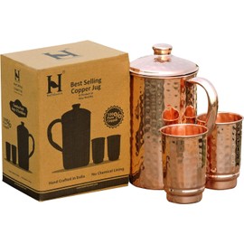HealthGoodsAU - Pure Copper Hammered Water Jug with 2 Hammered Copper Tumbler | Copper Pitcher and Tumbler for Ayurveda Health Benefit