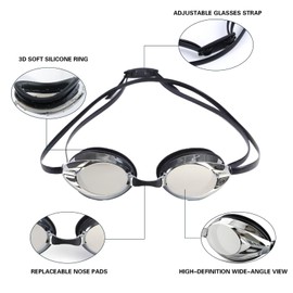 Vanolu Adult Professional Swimming Goggles, Mirrored Anti-Fog UV Protection, HD Vision Swim Goggles for Men and Women (Black Sliver)