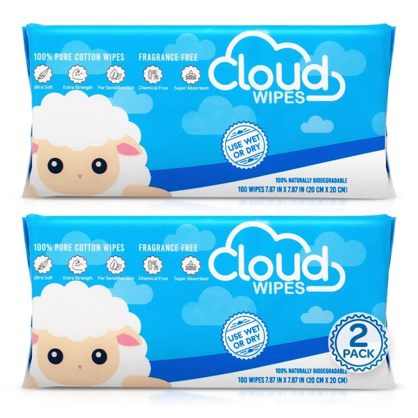 Cloud Wipes Pure Dry Cotton Baby Wipes Soft Durable Unscented Cloth Tissue for Sensitive Skin (2-Pack 200 Count)