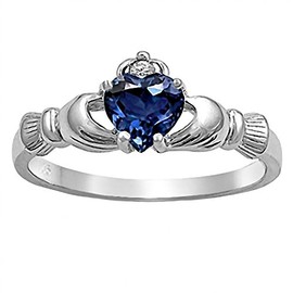 Corrine: Heart-cut Simulated Sapphire and IOF CZ Dublin Claddagh Promise Ring Silver, 3184A sz 11.0