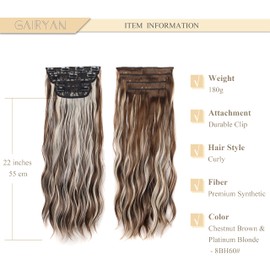 Gairyan Clip in Hair Extensions 4PCS Curly Wavy Long Hair Pieces Full Head Synthetic Hair Extension Thick Natural Look for Women, 22 Inches 180g, Chestnut Brown & Platinum Blonde