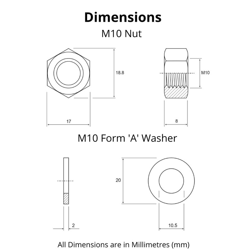 M10 Nuts & Washers Set. 10 – M10 Steel Nuts