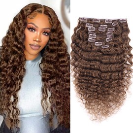 Wepwcod Deep Curly Hair Extensions Clip in Hair Extensions Real Human Hair 8Pcs With 18 Clips Clip in Hair Extensions for Women Deep Curly Clip ins Soft & Natural 120g (Brown-Deep, 18 inch)