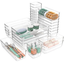 60 PCS Clear Plastic Drawer Organizers Set, 4 Sizes Clear Drawer Organizers & storage Bins for Makeup/Jewelry Vanity, Kitchen Gadgets Or Office Desk. Bathroom Drawer Organizer Trays With Non-Slip Pads