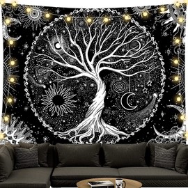 BOZILY Tapestry Wall Hanging, Black and White Tree of Life Tapestries Moon Phases Tapestry for Living Room Bedspread Room Bedroom (S/130 x 150 cm)