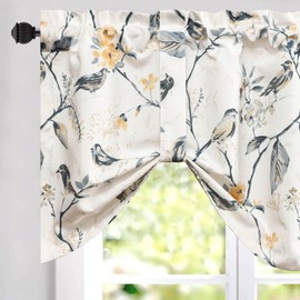 VOGOL Tie UP Curtain Valance, Adjustable Farmhouse Flower and Bird Window Decor for Small Windows, Rustic Faux Linen Textured Durable Fabric for Kitchen Cafe Dining Room, 52×18, 1 Panel