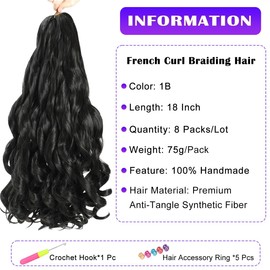 French Curly Braiding Hair 8 Packs Loose Wavy Braiding Hair Pre Stretched Bouncy Synthetic French Curl Braiding Hair Extensions for Women (1B, 18 Inch)