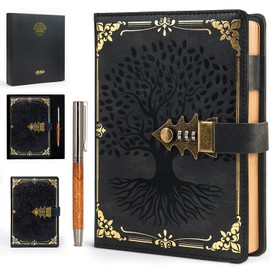 WEMATE Locked Journal with Pen & Gift Box, A5 260 Pages, Refillable, Hardcover Leather Password Notebook for Writing,Vintage Locking Diary for Women, Girls, Men, Students, 8.6 x 5.8 in, Black