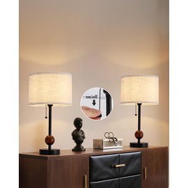 Etonovate Modern Table Lamp for Bedroom, 17.72 Inch Bedside Lamps for Night Stands Set of 2, Desk Light with Retro Pull Chain, Round Flaxen Fabric Shade, Wood Ball, Black Metal Base