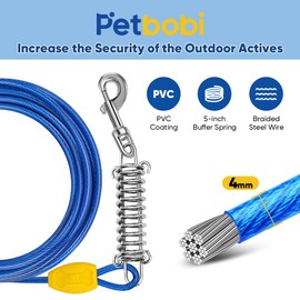 Petbobi Dog Tie-Out Cable and Stake - 10ft Heavy Duty Cable with Spring, No Tangle, 16in Ground Stake, Ideal for Yard, Camping and Beach, Suitable for Small Medium Large Dogs Up to 120 lbs, Blue