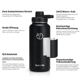 HydroPal Stainless Steel Drinking Bottle - 750 ml, 1 L, 1.2 L, BPA-Free, Suitable for Carbonated Drinks, Insulated Thermos Flask with Straw and 2 Lids, Leak-Proof Insulated Bottle for Children,