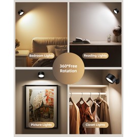 LED Wall Mounted Lights, Rechargeable Wall Sconces with Remote & Touch Control, 3 Color Temperatures 360° Rotation Dimmable Cordless Wall Light for Bedroom Study Reading Bedside (Black, 3 Pack)