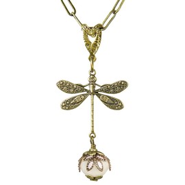 NoMonet Dragonfly necklace, art deco fantasy, fanciful Dragonfly Daze, crystal, hand-painted leaves, vintage filigree, US made, gold pink & white
