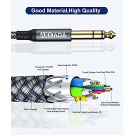 Akoada - Cable de instrumento TRS de 1/4 de pulgada (paquete de 2 unidades, 10 pies, conector macho macho de 0.250 in), compatible con bajo, teclado, 