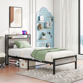 HOJINLINERO Twin Bed Frame with Storage Headboard,Metal Bed Frame Twin Size with Charging Station,Twin Platform Bed Frame No Box Spring Needed,Beds Base,Heavy Duty Metal Slats Support,Black and Grey