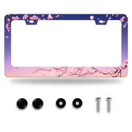 Cherry Blossom License Plate Frame Pink Flowers Floral License Plate Stainless Steel Funny License Plate Holder Women Car Accessories Decoration with Screws Fits Standard Vehicles Size 12.3" x 6.3"