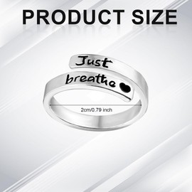 Just Breathe Ring for Women, 0.79in in Diameter Hope Rings Adjustable Silver Inspirational Rings Metal Carved Heart Healing Rings Wrap Open Rings Jewelry Gift
