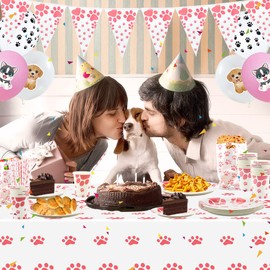 Pink Dog Birthday Supplies Doggy Paw Print Party Decorations Including Paper Tableware, Hanging Swirl, Balloons, Tablecloth for Girl Puppy Kids, Dog Lover, Serves 20