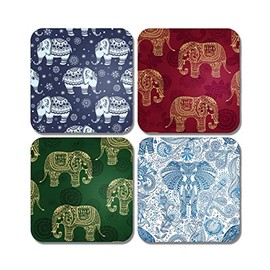 4 x Square Indian Elephants Coasters - Pattern Animal Art Colourful Set Theme Gift #78370