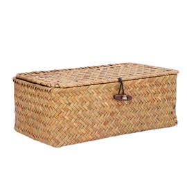 Leopacat Rectangular Seagrass Basket, Woven Storage Box, Wicker Baskets with Lid, Baskets for Organising Desk Hand Shelves, Lid Organiser, Hand Woven Household Basket Boxes