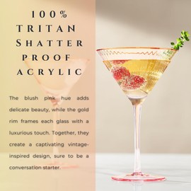 Khen Vintage Blush Pink Gold Rim Colored Martini Glasses | Set of 2 | Love & Gift, Friend, Mom, 10 OZ Crystal Cocktail Glassware for Cosmopolitan, Champagne - Valentine's Day Classic Coupes