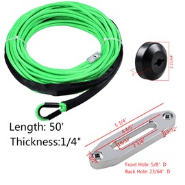 Astra Depot 50ft x 1/4 inch (reen Synthetic Winch Rope Cable 7000LBS Rock Protection All Heat Guard with Rubber Stopper Hawse Fairlead for Car ATV UTV Ramsey KFI