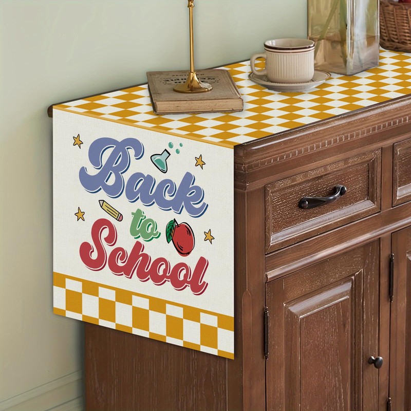 Back to School Table Runner Books Pencil Bufflo Plaid Table