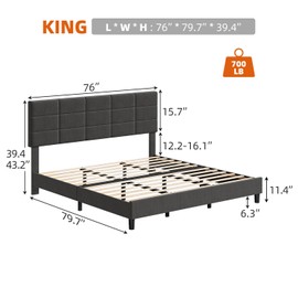 IDEALHOUSE King Size Bed Frame with Headboard, Linen Upholstered King Platform Bed Frame, Wooden Slats Support Sturdy Metal Frame No Box Spring Needed, Noise-Free, Grey