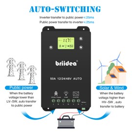 briidea Automatic Transfer Switch, 50A 5500 Watt ATS Dual Power Controller for Off Grid Solar Wind Systems DC 12V 24V 48V AC 110V 220V, Black