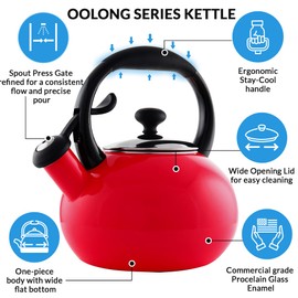 Chantal 1.8 QT Kettle, Buttons Series, Premium Enamel on Carbon Steel, Whistling, Even Heating & Quick Boil (Red)