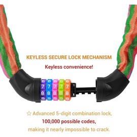 Sportneer Bicycle Lock Combination Lock with Numbers and High Security Level Chain Locks Bicycle 5-Digit Resettable Wheel Barrier with Chain Made of Hardened Steel 6 mm x 100/110/120 cm