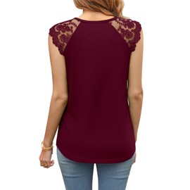 MIHOLL Women's Round Neck Sleeveless Tank Tops Cap Sleeve See Through Sheer Mesh Tee Shirts（Wine red,x-Large）