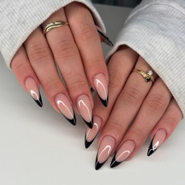 Oval French False Nails - 24PCS Almond Fake Nails - Black Glossy Pattern with Nude Tips - Medium Press On Nail with Glue - Reusable Elegant Full Cover Acrylic Stick On Nails for Women Girls Nail Art