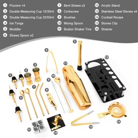 Cocktail Shaker Set, 23-Piece Boston Stainless Steel Bartender Kit with Acrylic Stand & Cocktail Recipes Booklet, Professional Bar Tools for Drink Mixing, Home, Bar, Party - Gold