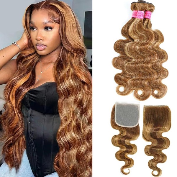 Honey Blonde Highlight Human Hair Body Wave Bundles with 5x5