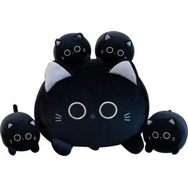 Gudisi Black Cat Plush Stuffed Animals with 4 Kitties Plushies,16" Soft Jumbo Pillow Gifts for Kids Him Her Girlfriend Boyfriend