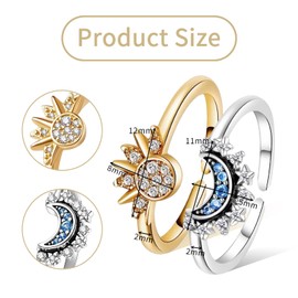 DALAETUS 2 Pcs Celestial Sun and Moon Ring Set, Adjustable Women's Ring, Shining Together Sun and Moon Overlay Ring, Diamond Set Open Ring Gift for Women Girls