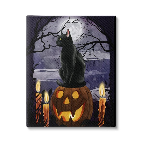 Stupell Industries Full Moon Halloween Night Spooky Black Cat Jack-o'-Lantern,