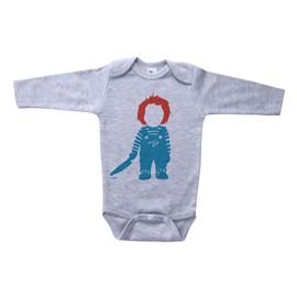 Baffle Chuckie Inspired Nineties Baby Bodysuit, Horror Onesie (Grey Long Sleeve, 3-6 Months)