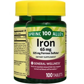 Spring Valley Iron Supplement for Iron Deficiency, 65 mg, Vegan, Halal, 100 Tablets