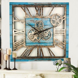 The Gears Clock 24'' Inch Square Real Moving Gear Wall Clock Vintage Industrial Oversized Rustic Farmhouse (Ocean Blue)