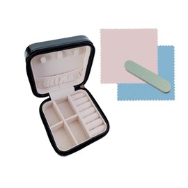 Benixmidart Jewelry Box, Jewelry Organizer Travel Jewelry Case with 2 Jewelry Cleaning Cloths and 1 Polishing Stick, Small Jewelry Box for Jewelry Storage, Rings, Earring Display (Black, S)