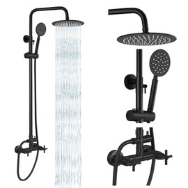 gotonovo SUS304 Outdoor Shower Fixture High Pressure Shower System Combo Wall Mount 2 Dual Function Shower Faucet Set Round Handheld Spray Matte Black Double Cross Handle