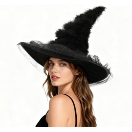 JEGERMIG - Tira de felpa para mujer, sombrero de bruja negro, de ala ancha, accesorio gótico para disfraz de Halloween, para fiestas de disfraces, cosplay