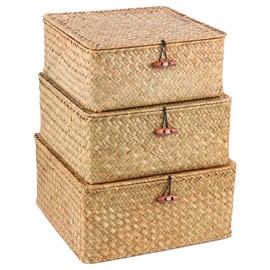SHEYRAJIIA 3 Pack Cube Seagrass Storage Bins with Lids, Rattan Woven Decorative Storage Boxes, Wicker Storage Baskets for Shelves, Storage Containers for Organizing, Clothes and Hobby Things