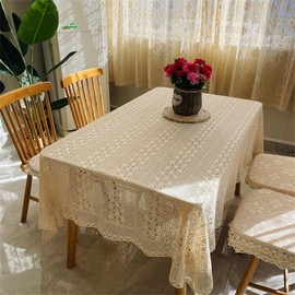 FMIYJUN Rectangle Crochet Tablecloth Beige Doily Cotton Vintage Lace Rectangle Kitchen Bohemian Tablecloths for Party Banquet Dining Room Wedding Decorations
