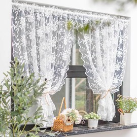 Yaland White Lace Floral Embroidery Curtain Voile Country House Style Short Curtain Translucent Decorative Curtain with Rod Pull 1 Piece H x W 120 x 130 cm