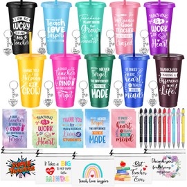 Funnymoom 50 Pcs Teacher Appreciation Gift for Women 24 oz Thank You Plastic Tumbler with Inspirational Notepads Ballpoint Pens Makeup Bag Keychain Graduation Gifts for Principals Professors Staff
