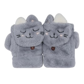 JUMISEE Cute Cat Warm Faux Fur Convertible Flip Top Gloves Fleece Lined Fingerless Winter Mittens