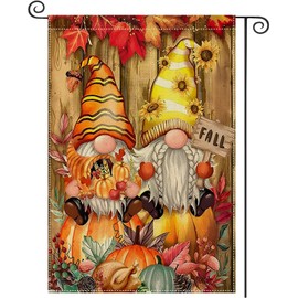 Fall Gnomes Garden Flag 12x18 Inch Double Sided for Outside, Pumpkin Maple Leaves Autumn Burlap Small Flag For House Yard Lawn Outdoor Decor